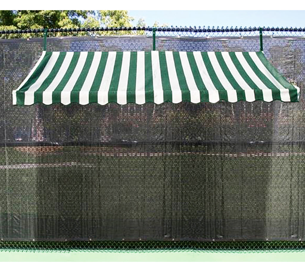 Green and white striped tennis court fence cabana attached to 10' chain link fence